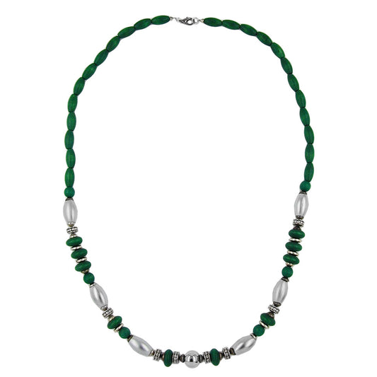 Keðja 14x7mm tréperlur grænar með plastperlum króm matt 70cm