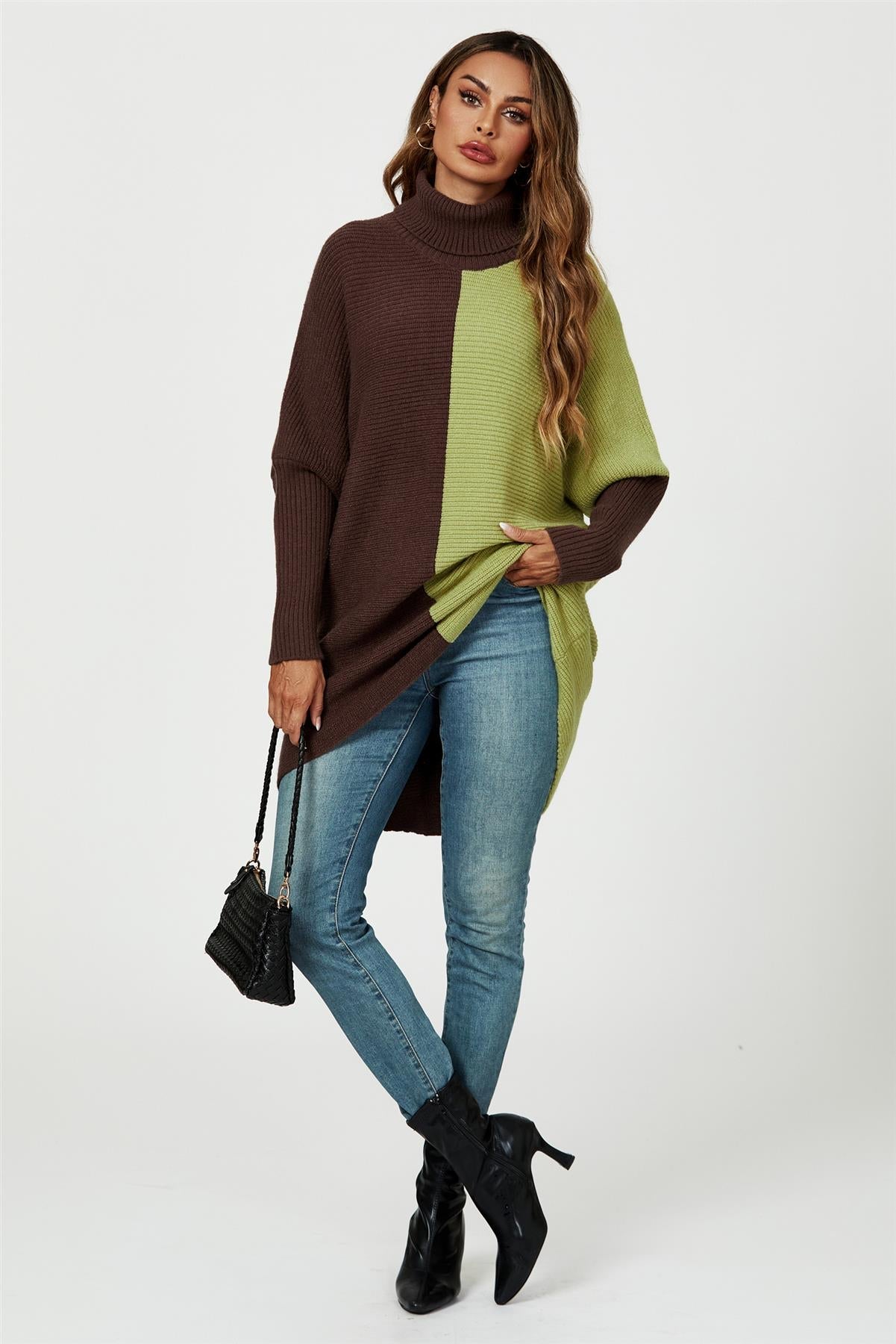 High Neck Half Brown & Green Block Colour Jumper Top