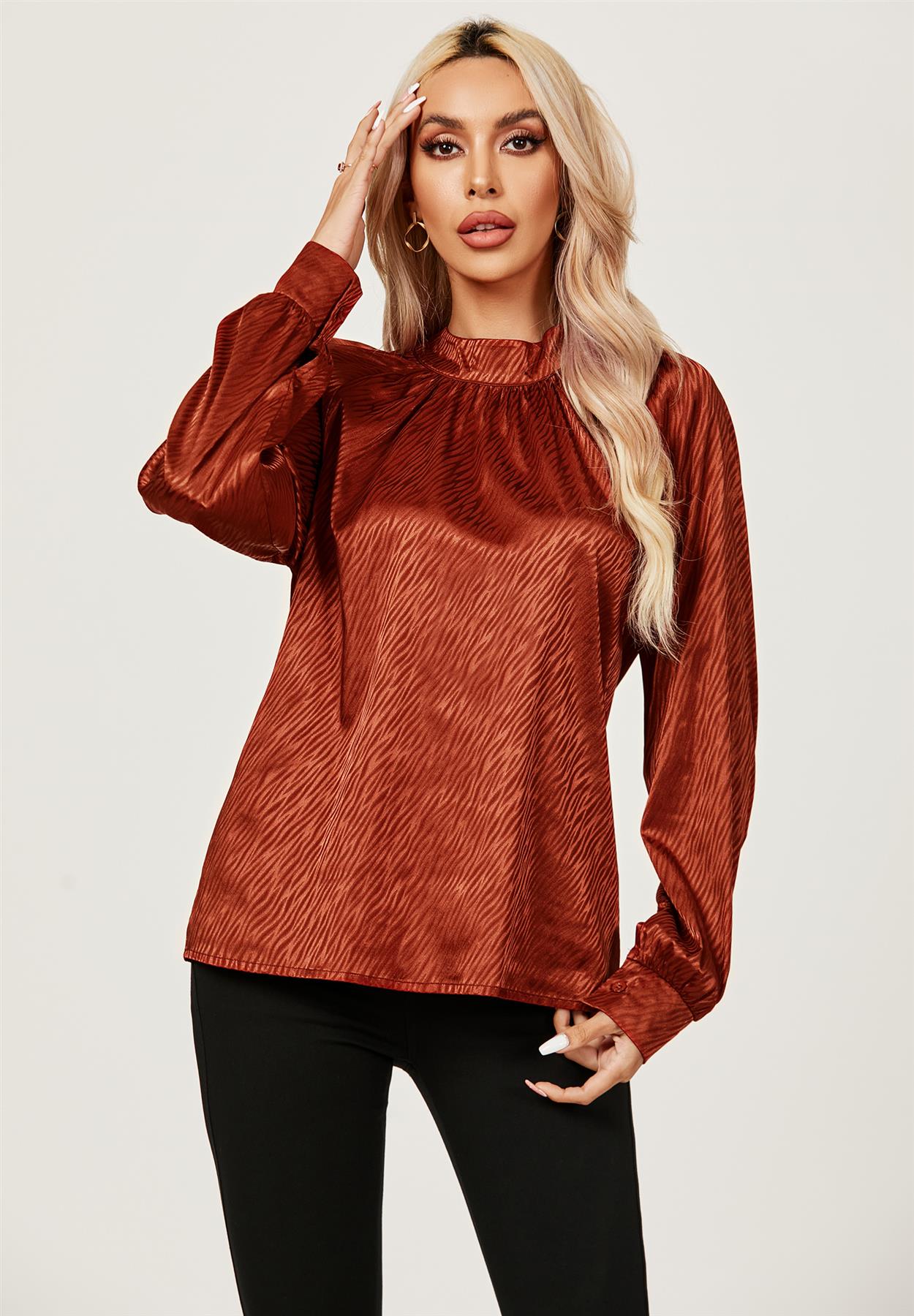 Halter Neck Satin Long Sleeve Blouse Top In Copper Red