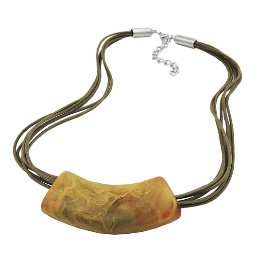 Keðja 54x19mm hengiskraut úr flötu, sveigðu, gulu, ólífugrænu, marmaralituðu mattplasti 45cm