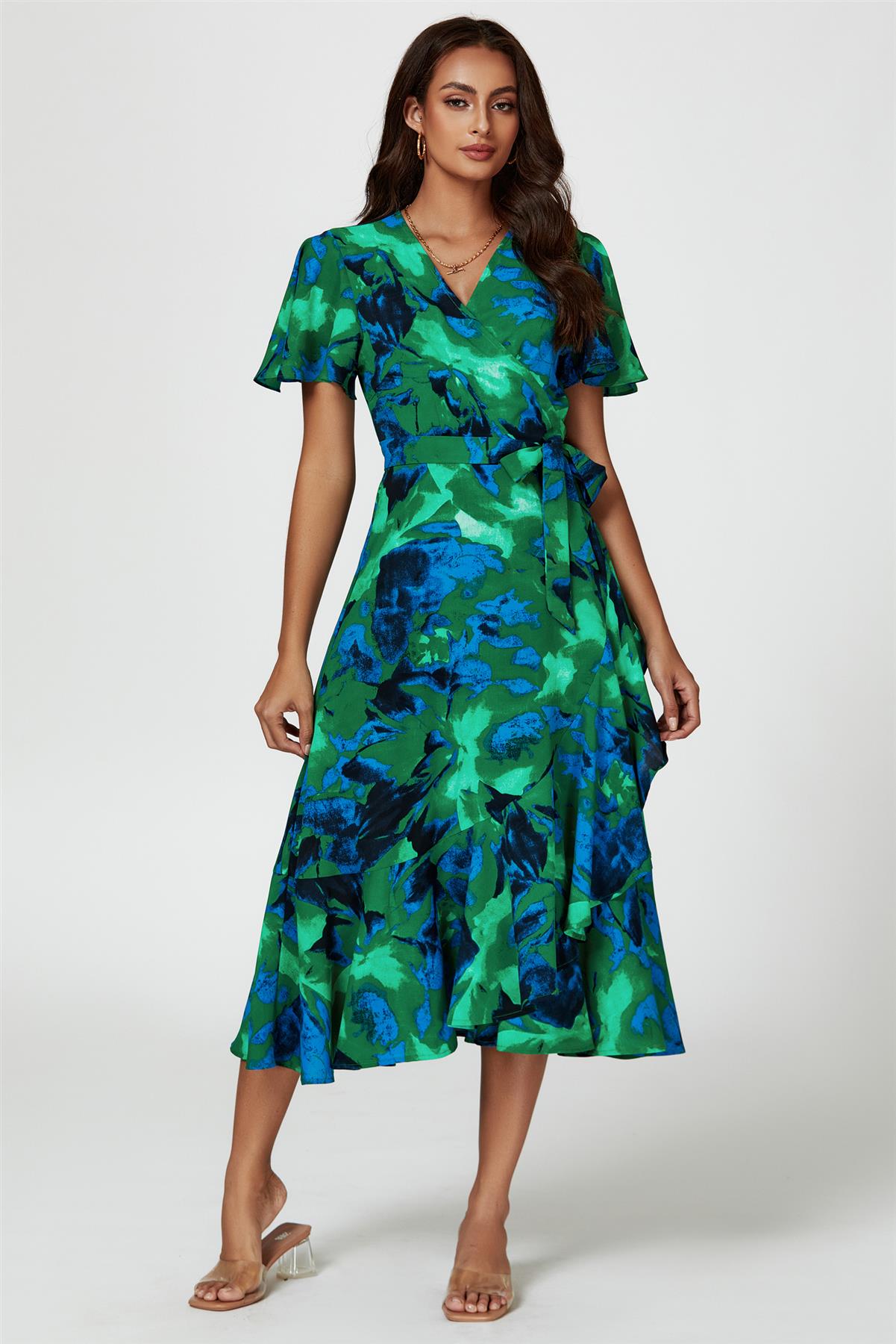 Abstract Print Midi Wrap Dress In Green