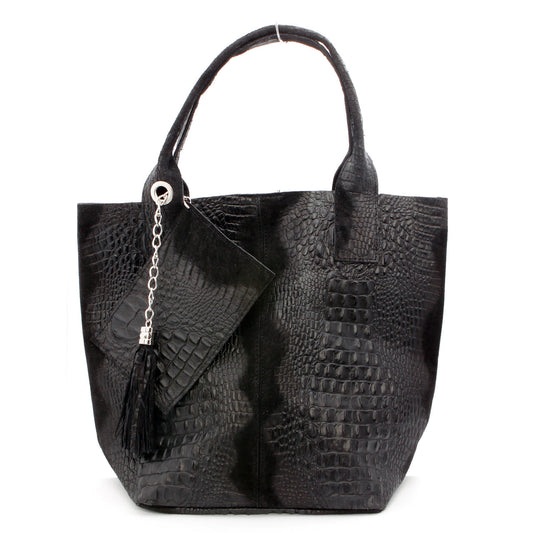 Leder Beutel Tasche Krokooptik Schwarz