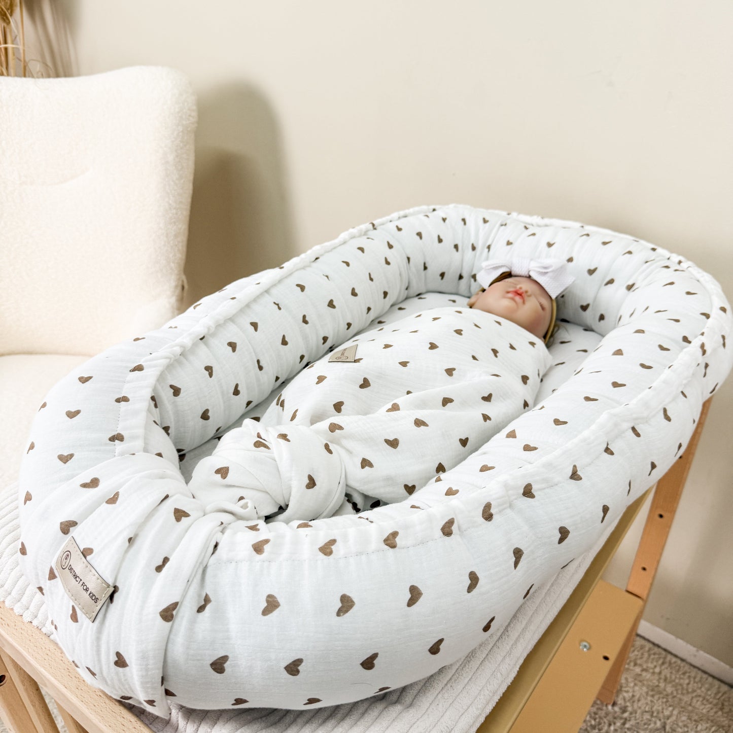 Decke Musselin Herzen braun - Mulltuch, Schmuse- & Puckdecke