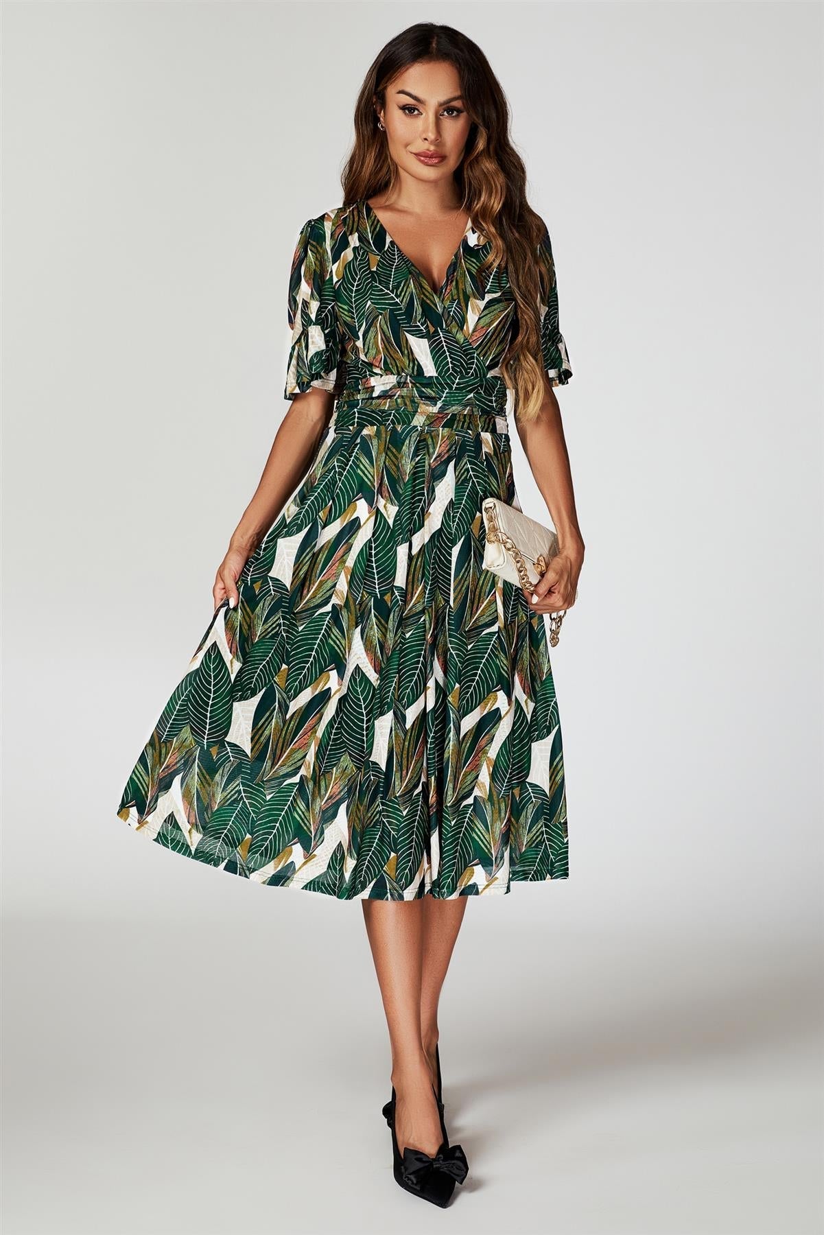 Leaf Print Mesh Midi Dress In Green