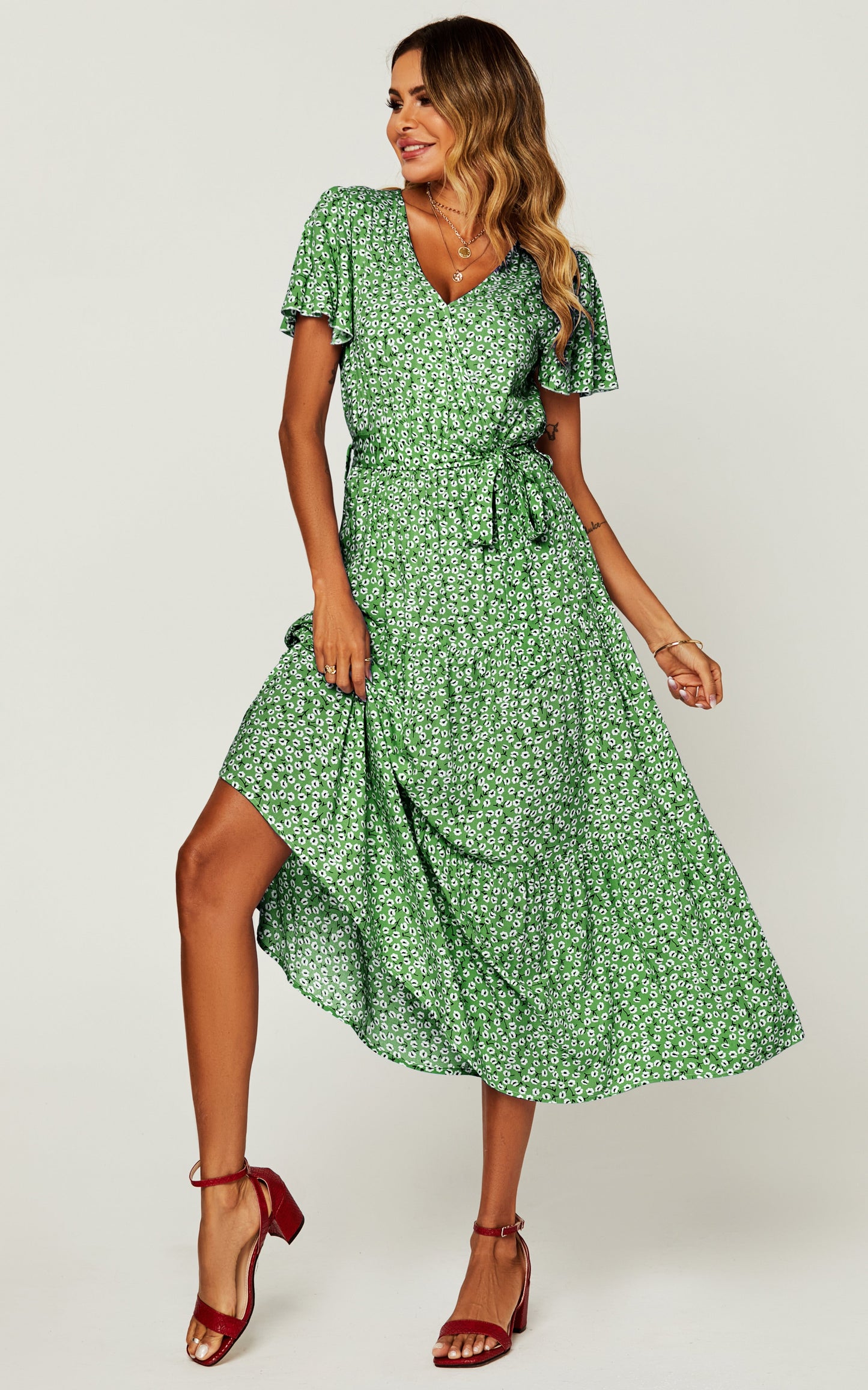 Floral Print Hem Tiered Wrap Midi Dress In Green