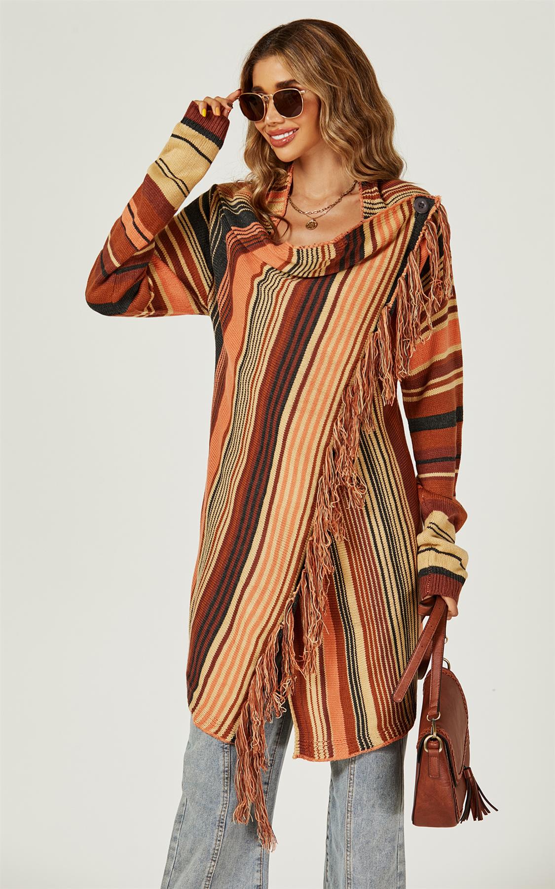 Fringes Detail Cardigan In Rusty Red & Orange & Black