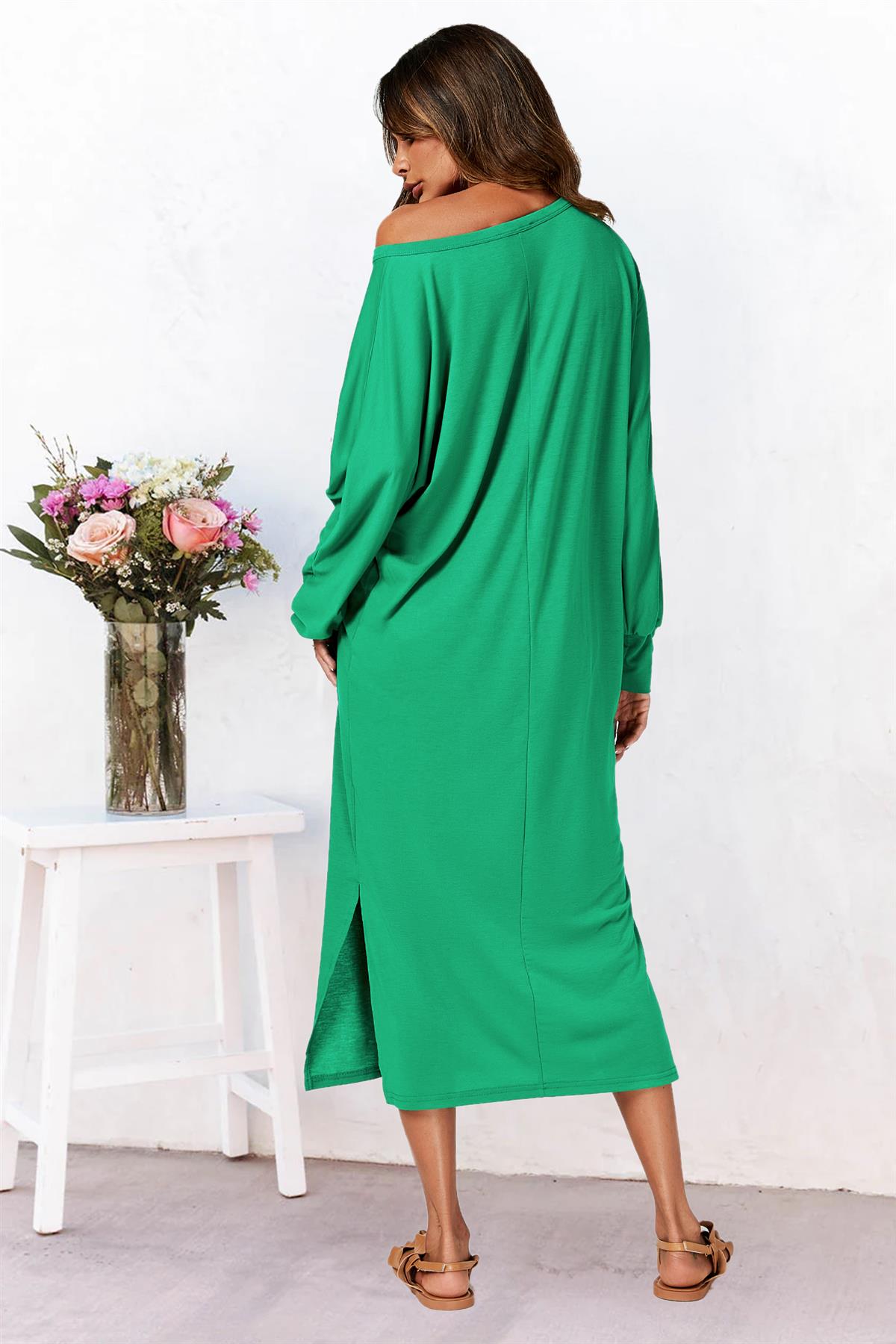 Oversized Midaxi Long Sleeve Slit Jersey Dress In Green 