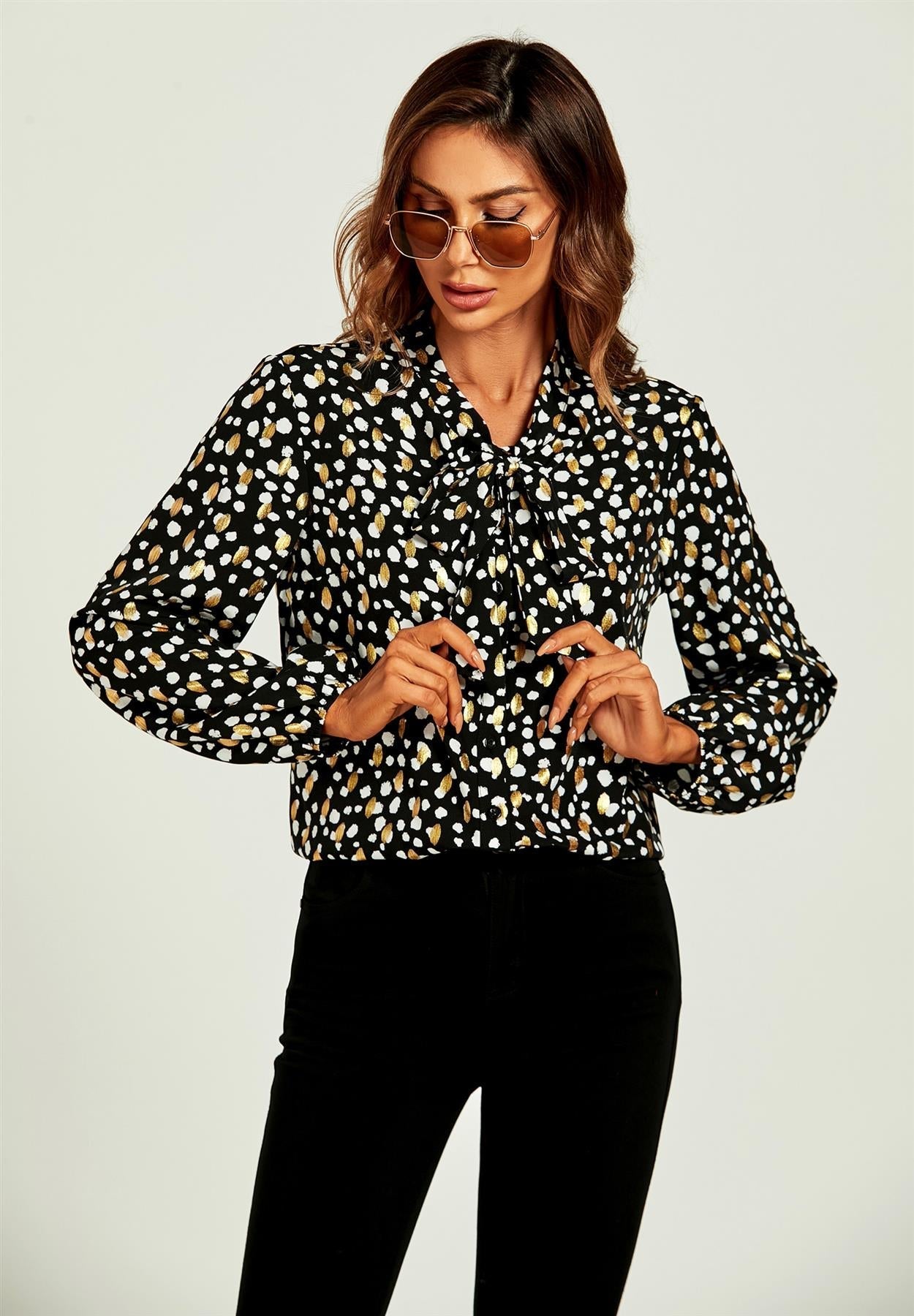 Gold Foil Leopard Print Pussy Bow Blouse/Top In Black