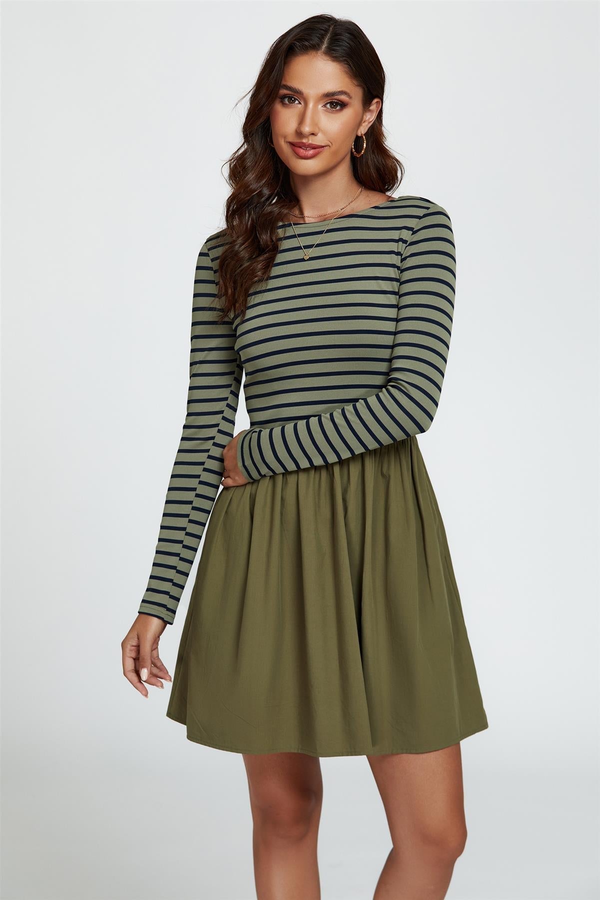 Long Sleeve Stripe Mini Dress In Olive