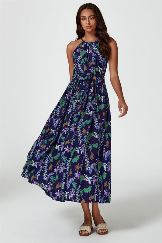 Floral Print Tie Halterneck Maxi Dress In Navy