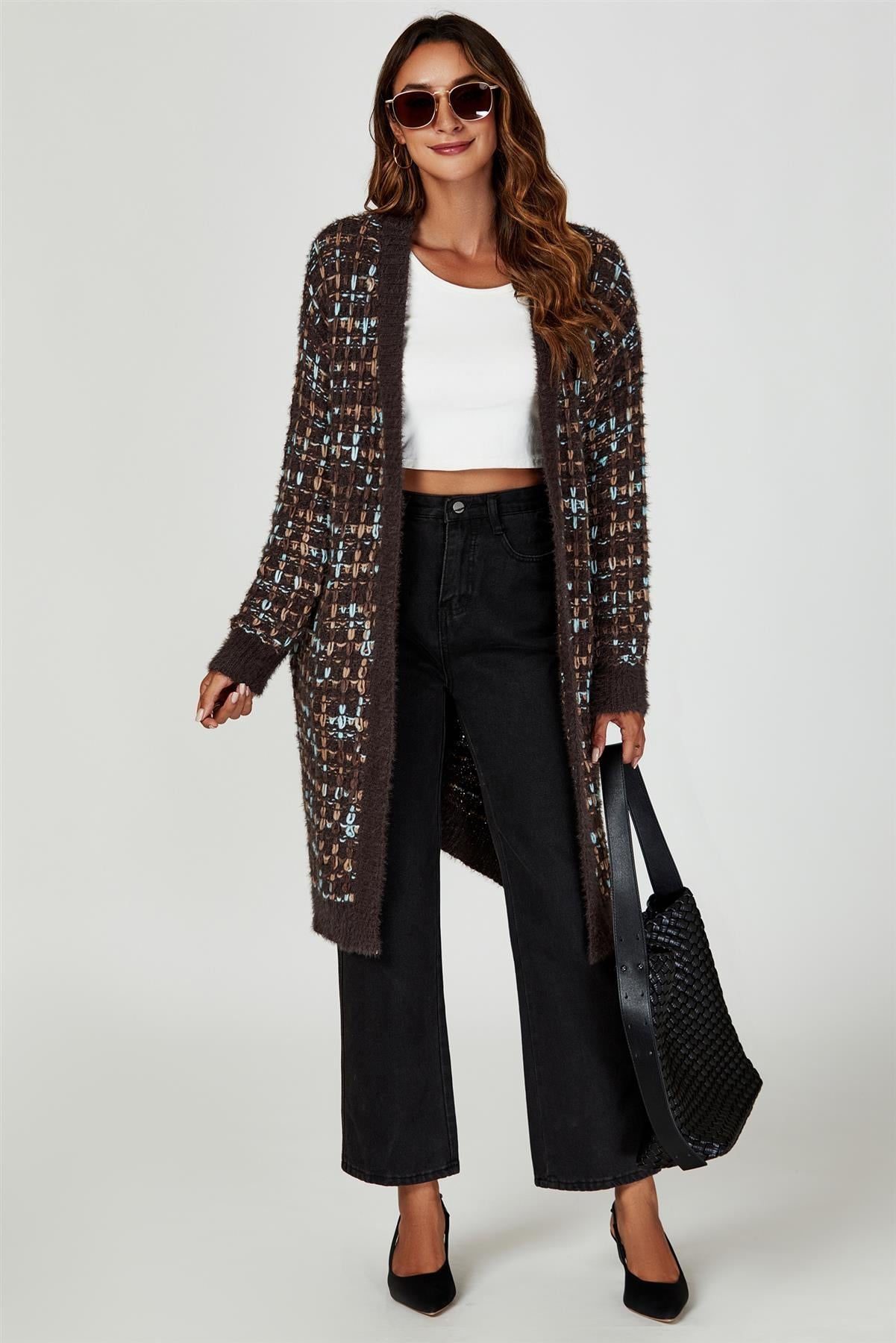 Boucle Check Cardigan In Brown With Multicolour Speckles