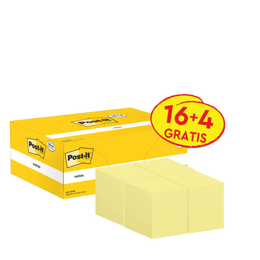 Post-it® Notes, Gelb, 38 mm x 51 mm, Promotion, 100 Blatt/Block, 16 Blöcke + 4 Gratis/Packung, 100% PEFC, SGSCH-PEFC-COC-110078  | Packung (1 Stück)
