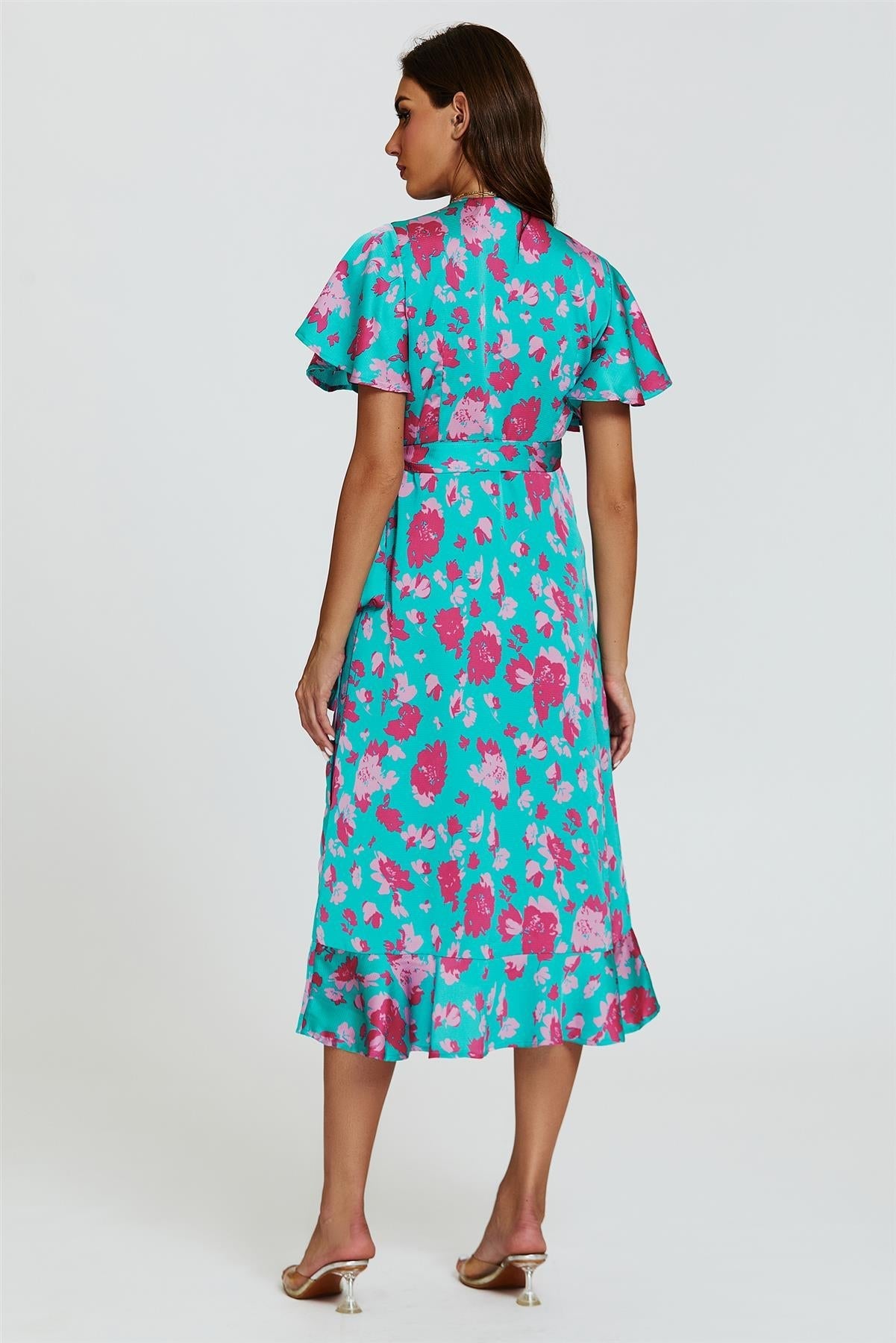 Turquoise &amp; Hot Pink Print Angel Sleeve Wrap Midi Dress