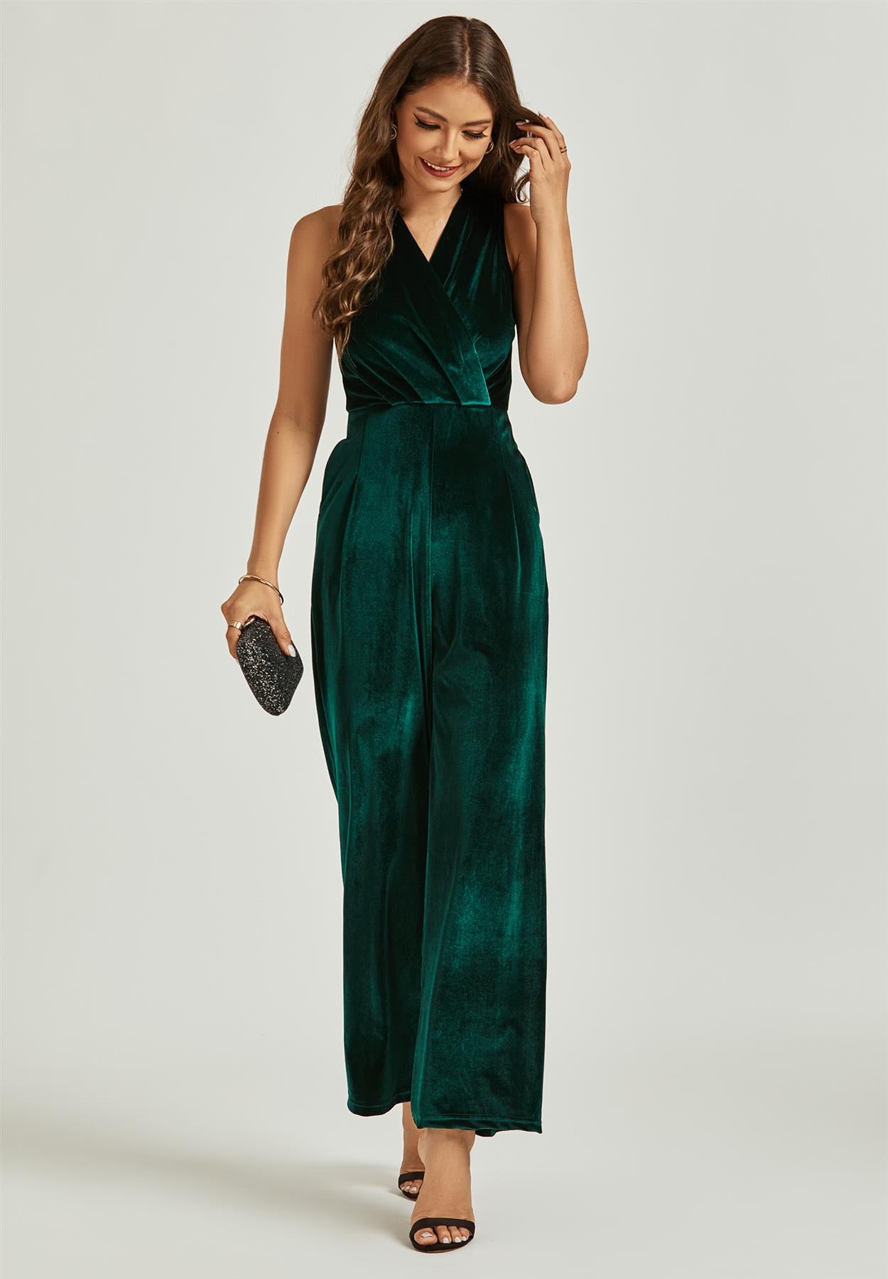 Velvet Wrap Jumpsuit in Green