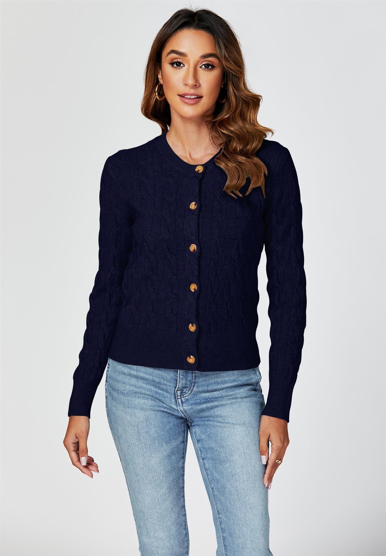 Cable-Knit Crewneck Cardigan In Navy