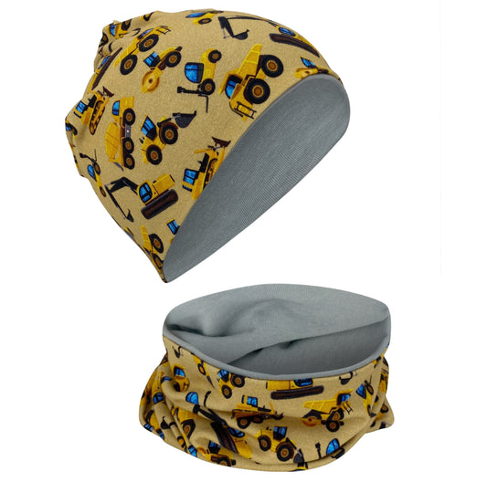 Kinder Beanie Mütze & Loop Set  - Baufahrzeuge