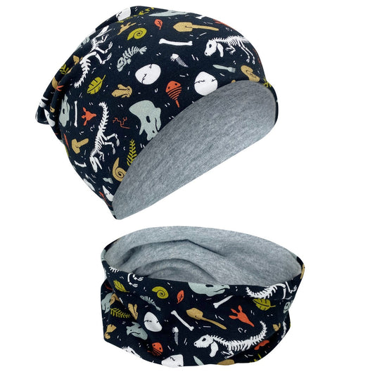 Kinder Beanie Mütze & Loop Set - Dino Knochen