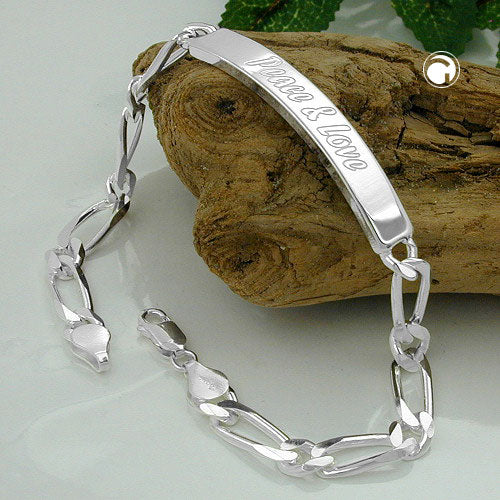 Skjöldararmband 6,5x2mm Figaro keðja leturgröftur 45x7mm Friður og ást glansandi silfur 925 21cm