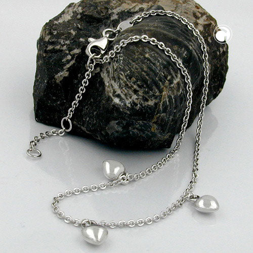 Ökklakeðja 1,7 mm akkerikeðja breytileg lengd með 3 hjörtum, ródínhúðað silfur 925, 27 cm