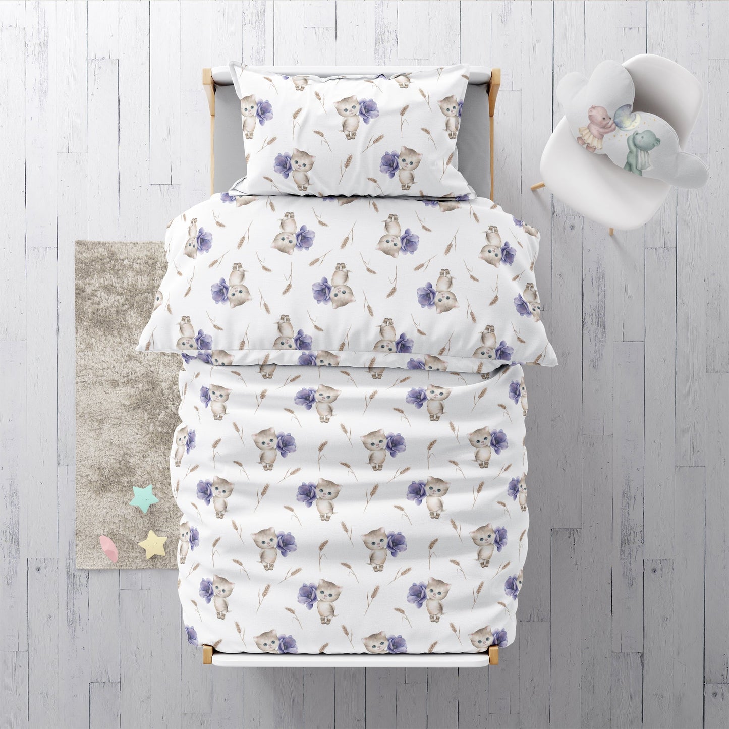 "Cat with Flowers" Premium Children's Bedding 