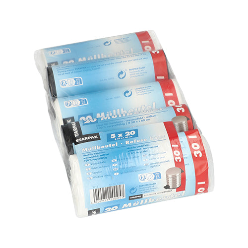 Starpak 100 Müllbeutel, HDPE 30 l 60 cm x 50 cm farbig sortiert | Packung (100 Stück)