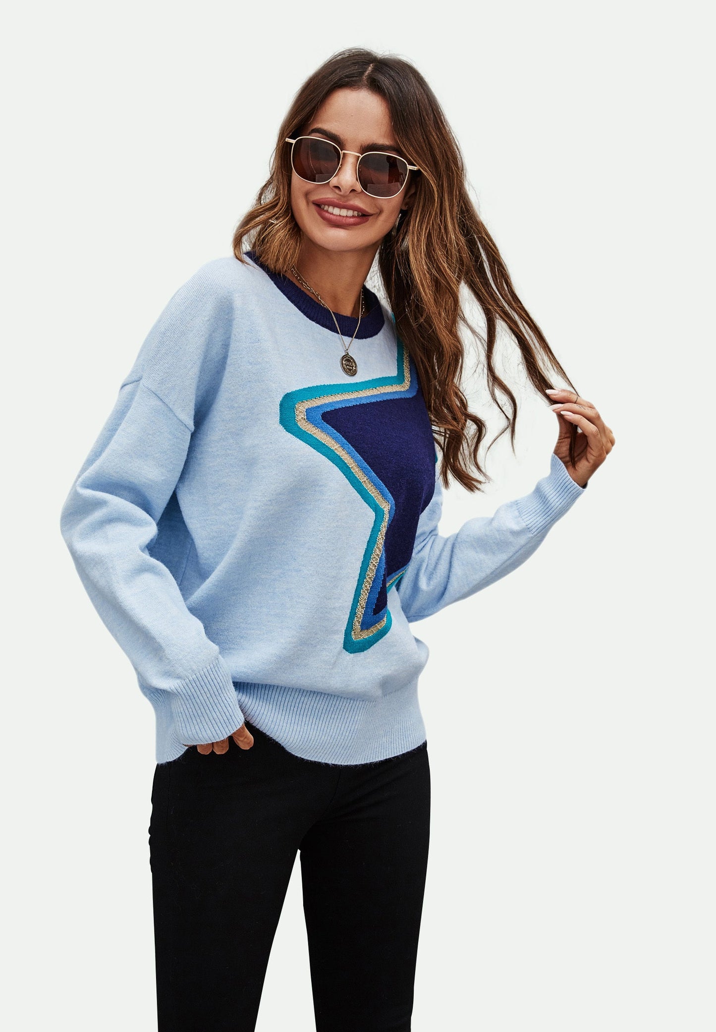Big Star Pattern Knitted Long Sleeve Jumper In Blue