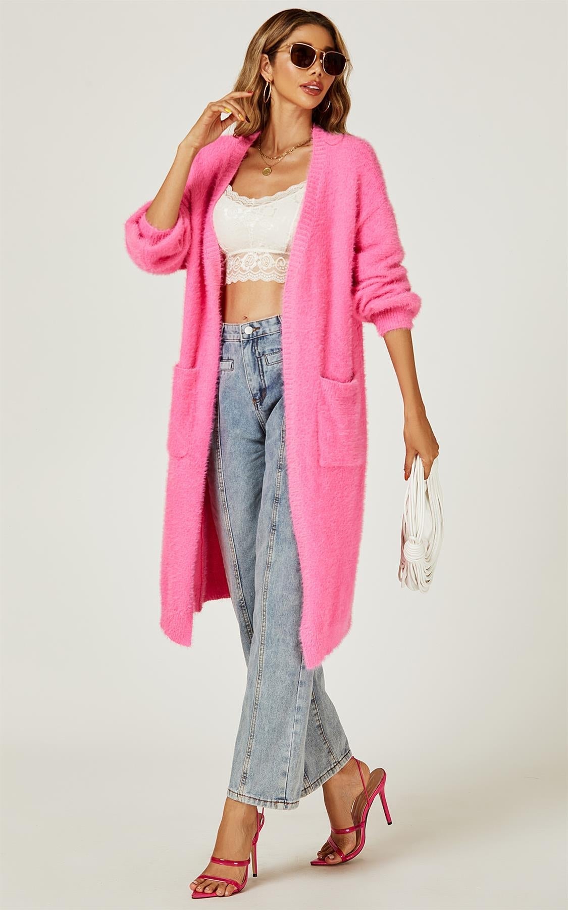 Relaxed Cozy Soft Cardigan In Fuchsia Pink