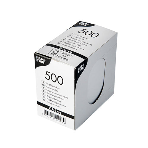 PAPSTAR Tropfdeckchen rund, Ø 8,5 cm, weiß, ideal für Getränke | Faltschachtel (500 Stück)