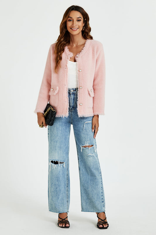 Cotton Blend Frayed Edge Boucle Jacket in Pink