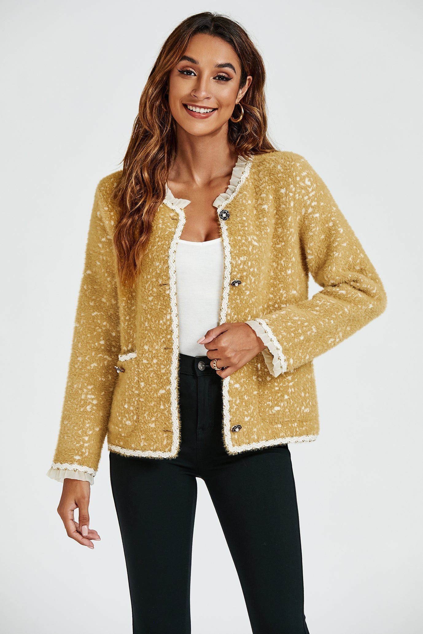 Leopard Pattern Lace Trim Boucle Jacket in Yellow