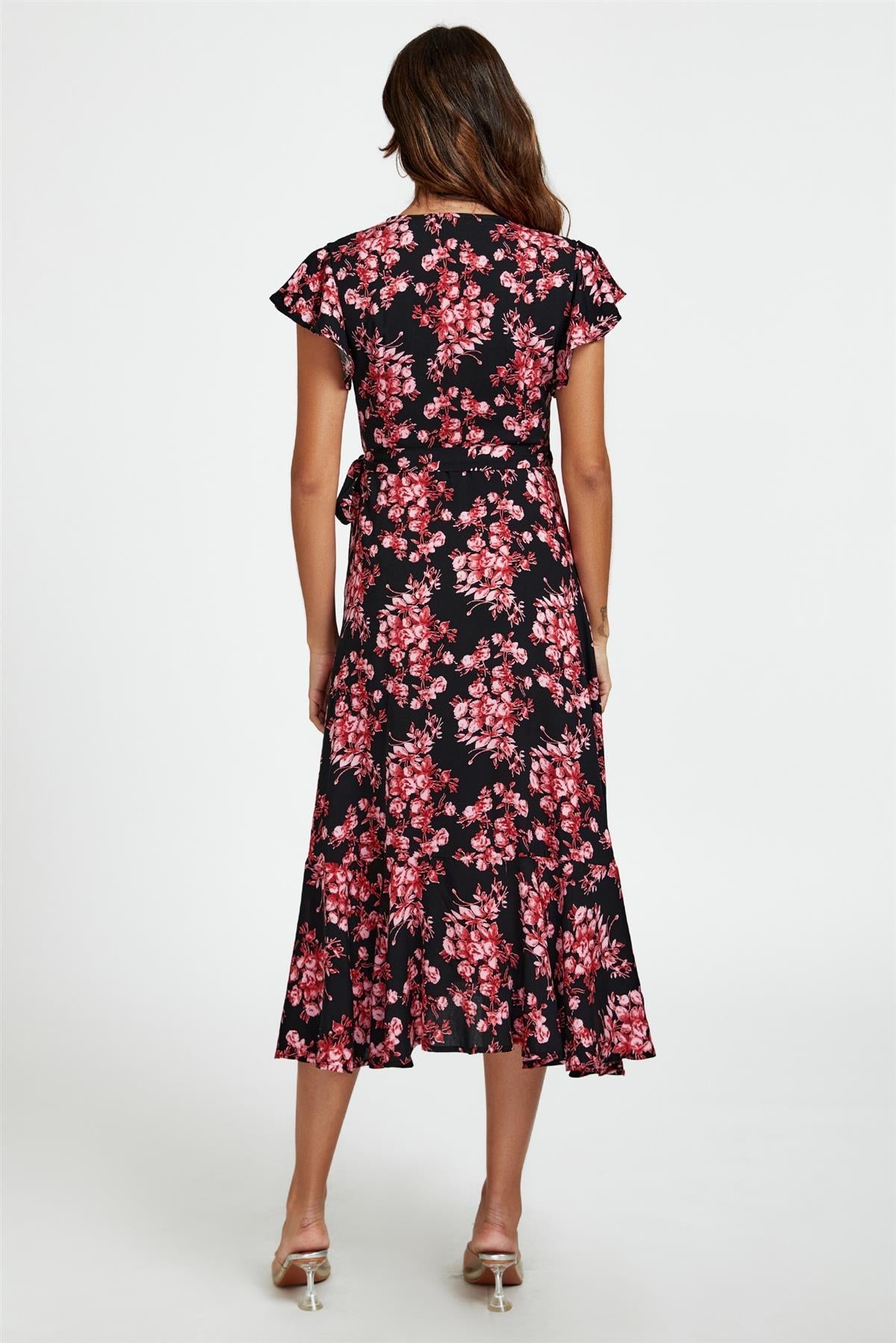 Pink Floral Frill Sleeve Midi Wrap Dress In Black 