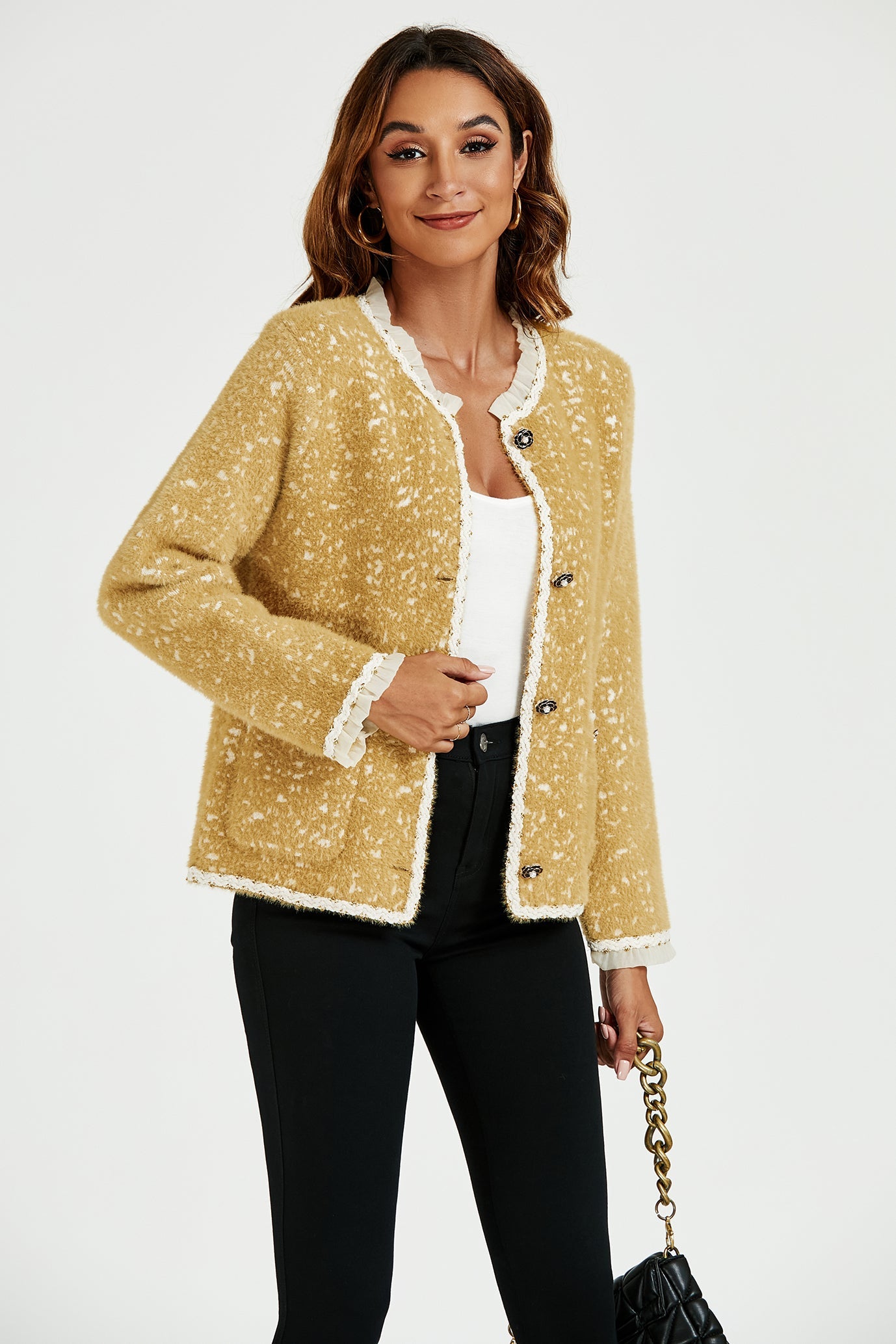 Leopard Pattern Lace Trim Boucle Jacket in Yellow