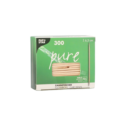 PAPSTAR Zahnstocher aus Holz "pure" rund, 6,5 cm | Folie (300 Stück)