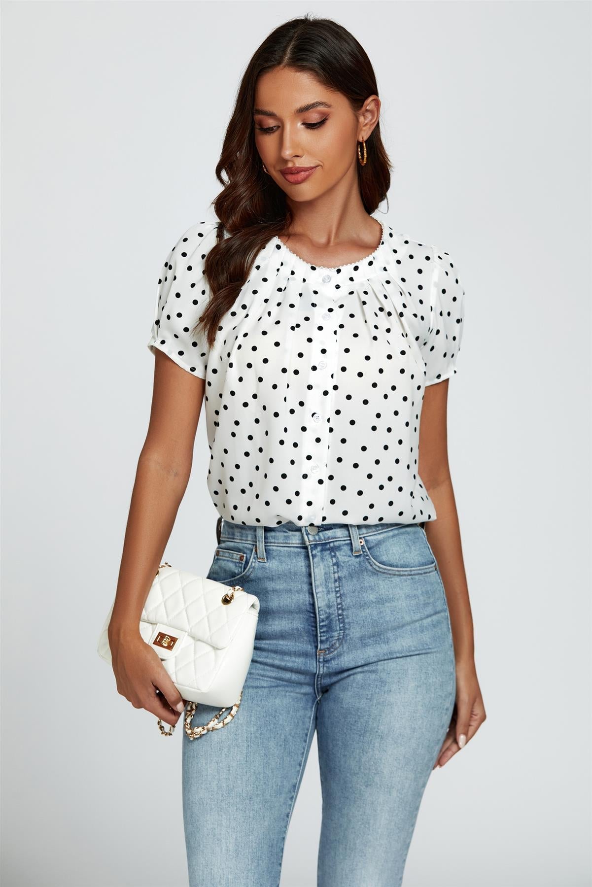 Dot Print Short Sleeves Top In White