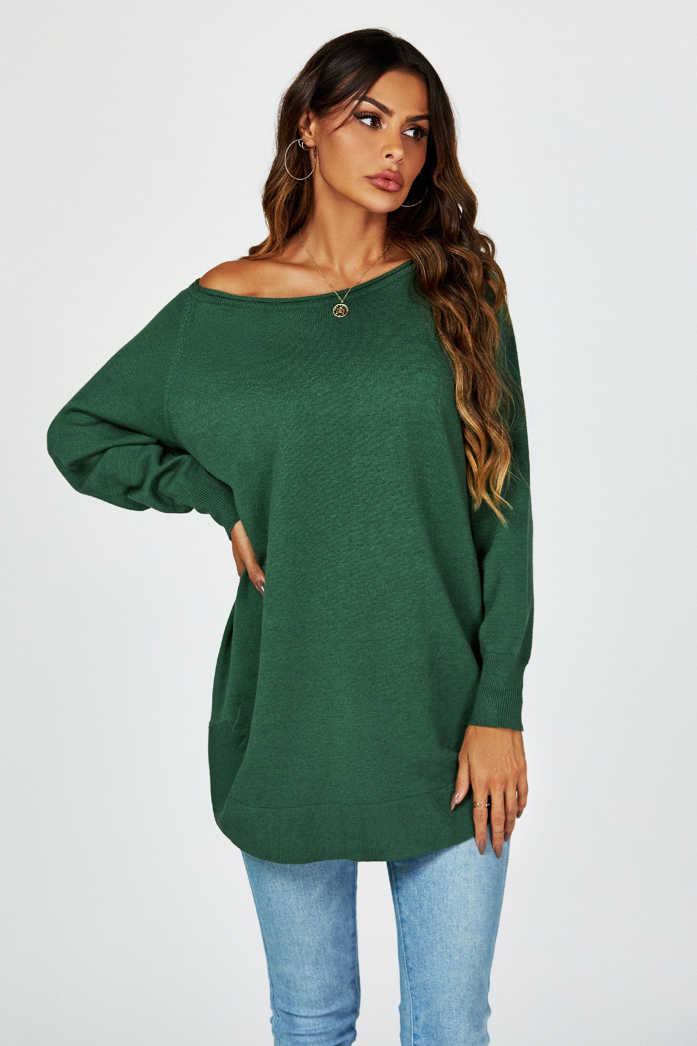 Oversize Knitted Jumper Top In Dark Green
