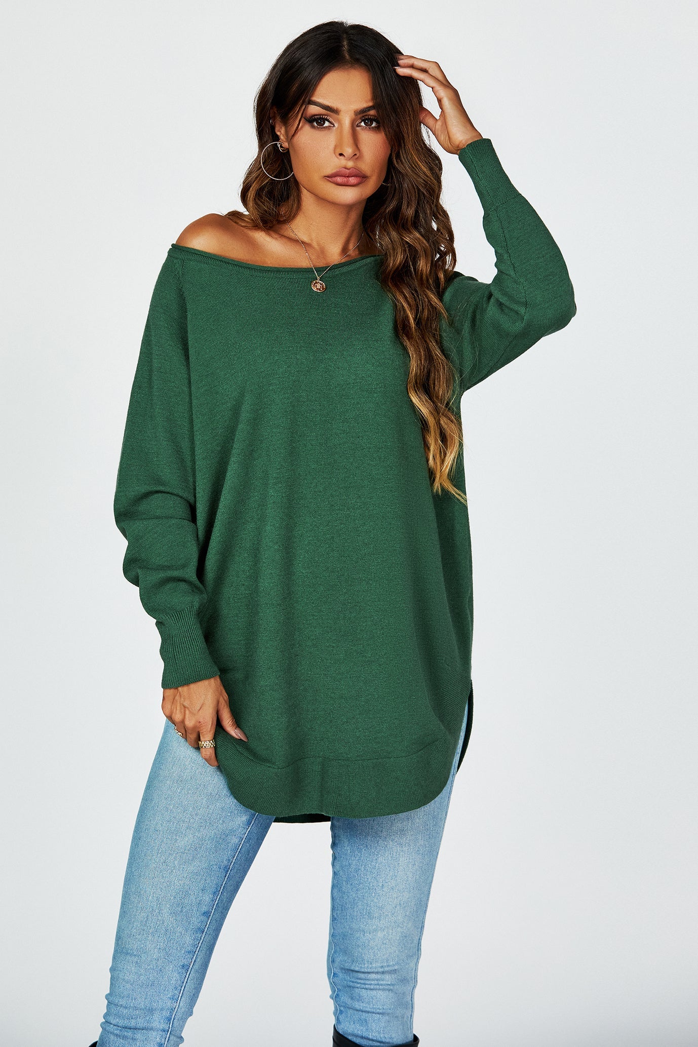 Oversize Knitted Jumper Top In Dark Green