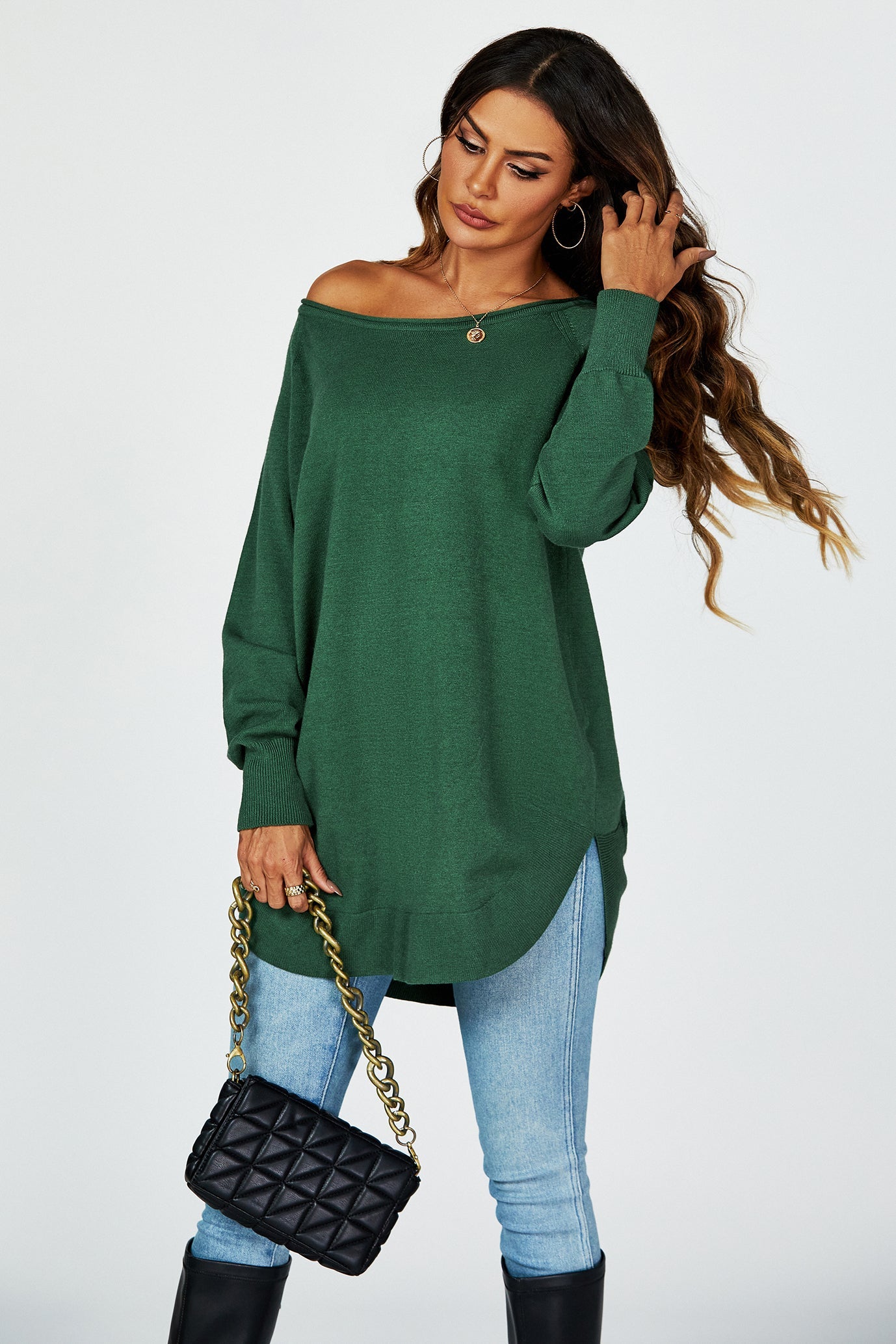 Oversize Knitted Jumper Top In Dark Green