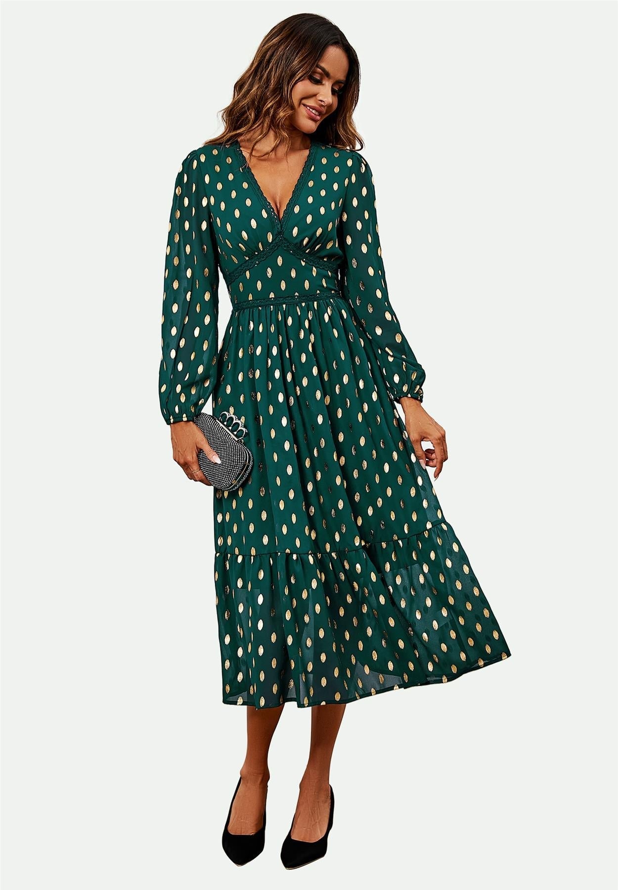 Lace Trim Foil Long Sleeve Maxi Dress In Green