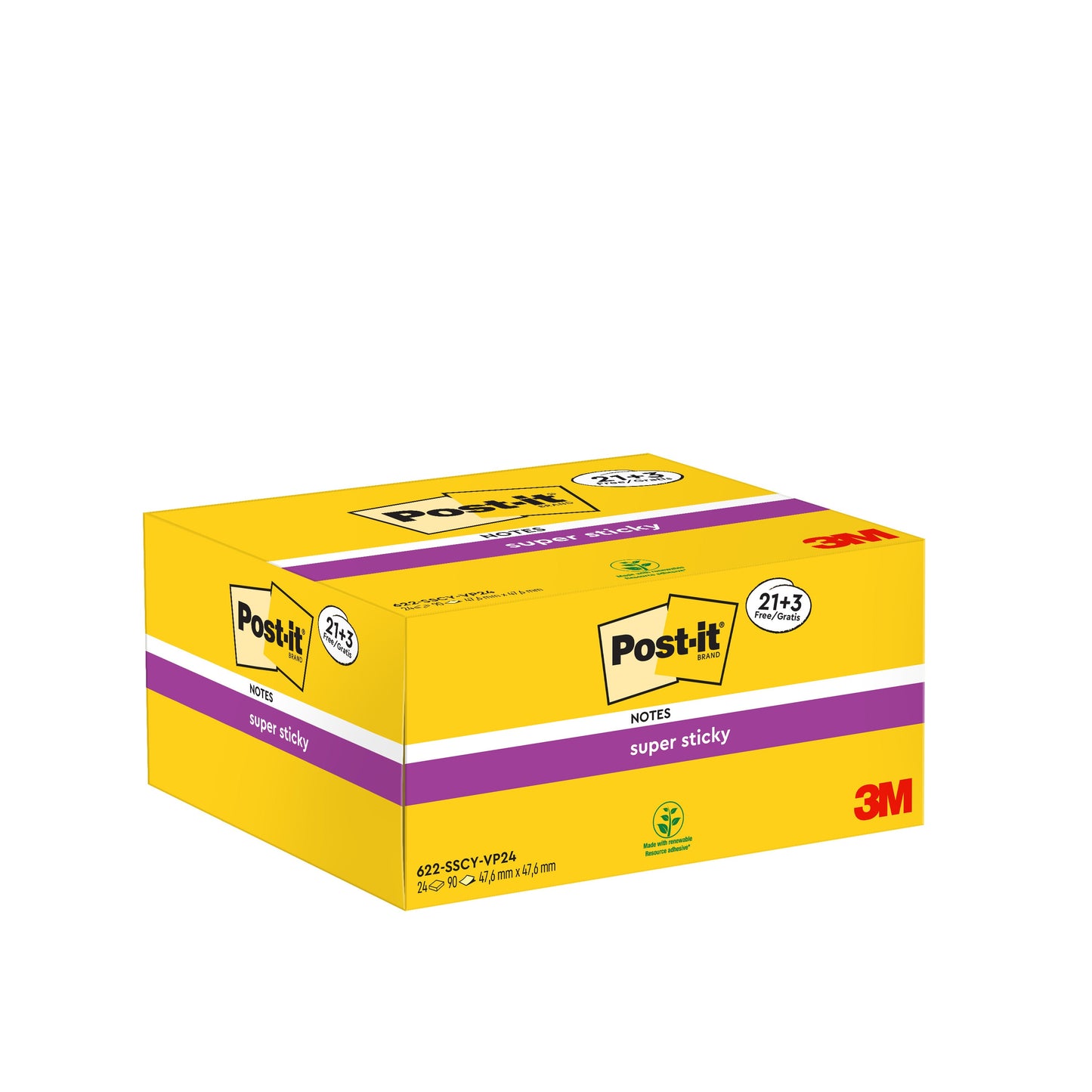 Post-it® Super Sticky Notes, Gelb, 47,6 mm x 47,6 mm, Promotion, 90 Blatt/Block, 21 Blöcke + 3 Gratis/Packung, 100% PEFC, SGSCH-PEFC-COC-110078  | Packung (1 Stück)