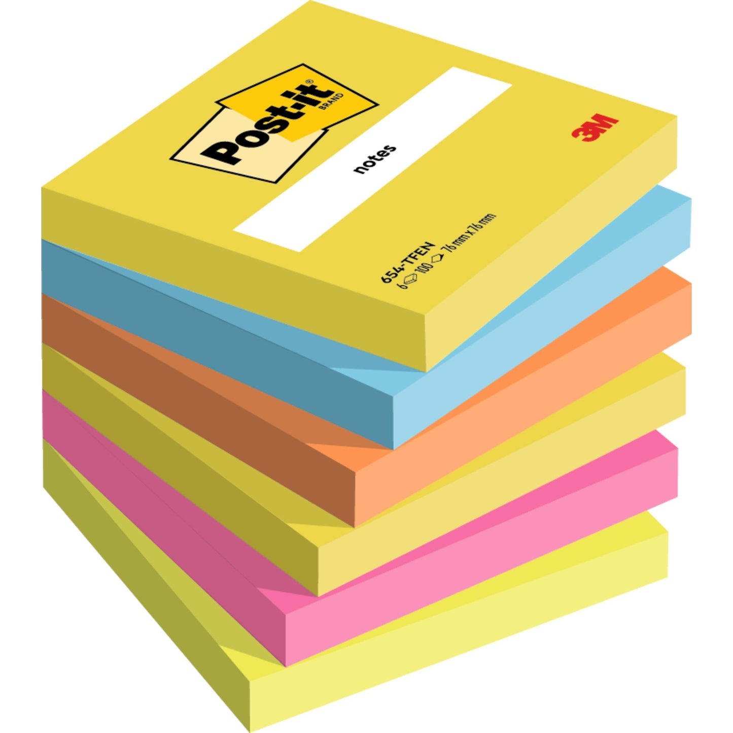 Post-it® Notes, Energetic Collection, 76 mm x 76 mm, 100 Blatt/Block, 6 Blöcke/Packung, 100% PEFC, SGSCH-PEFC-COC-110078  | Packung (1 Stück)