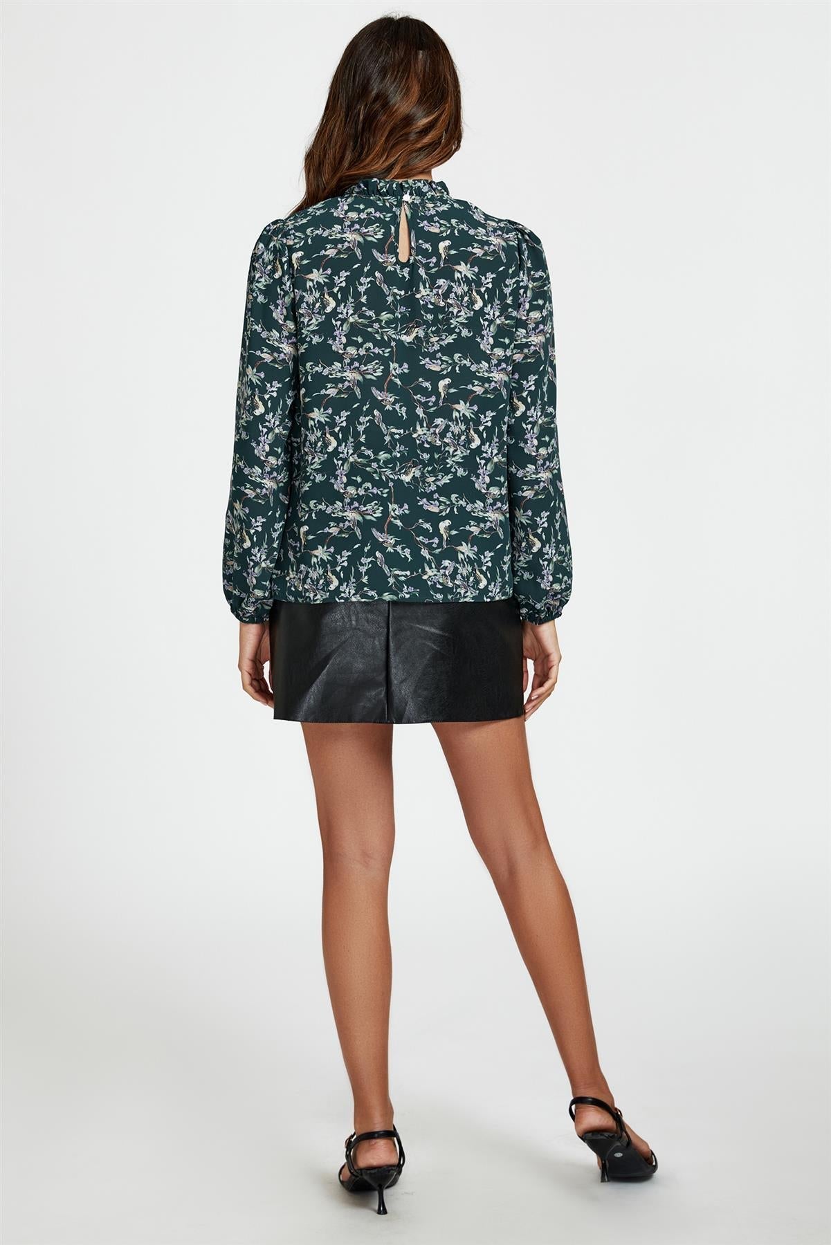 Bird &amp; Floral Print Frill Detail High Neck Top In Green