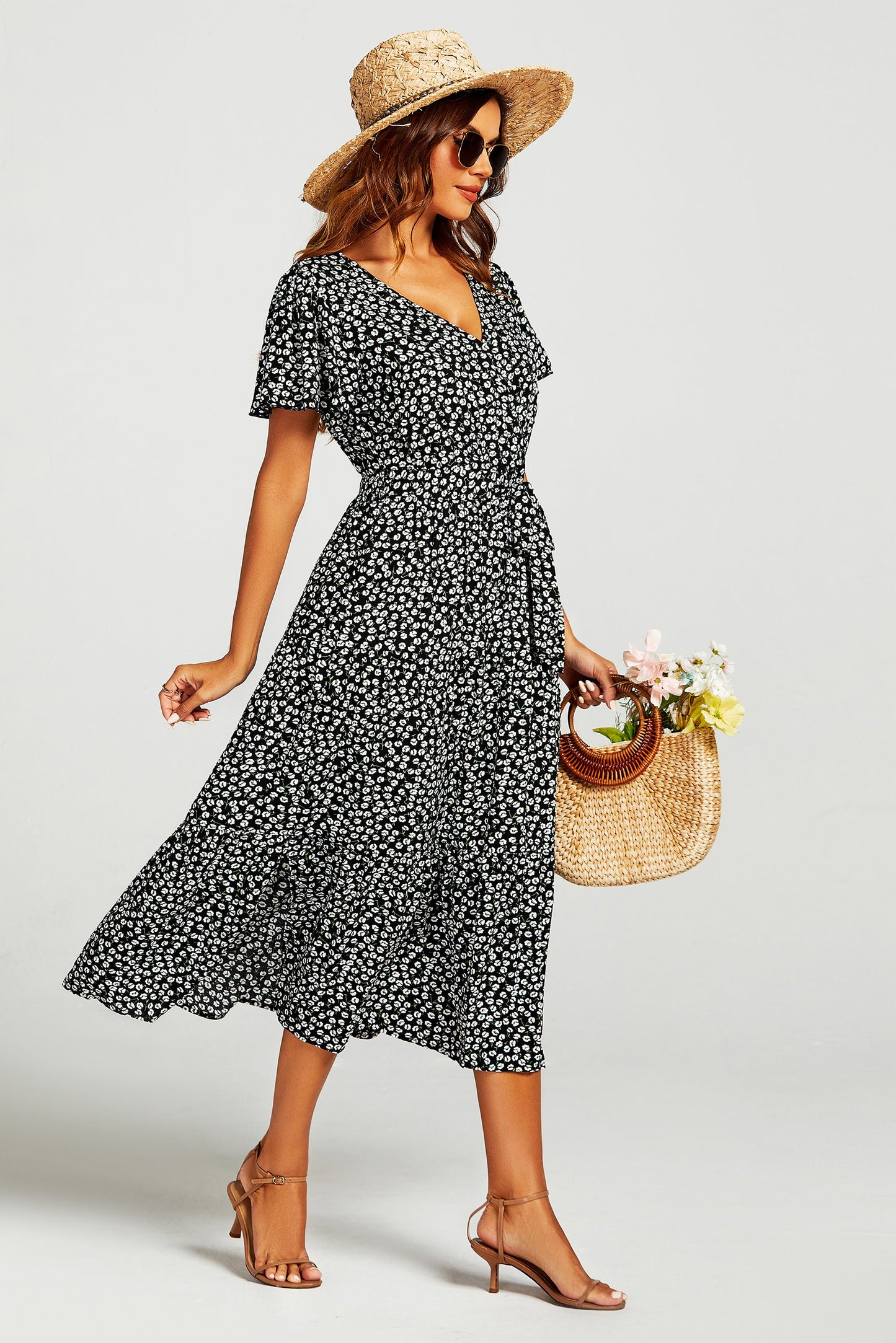 Printed Hem Tiered Wrap Neckline Midi Dress with Split Leg in Black