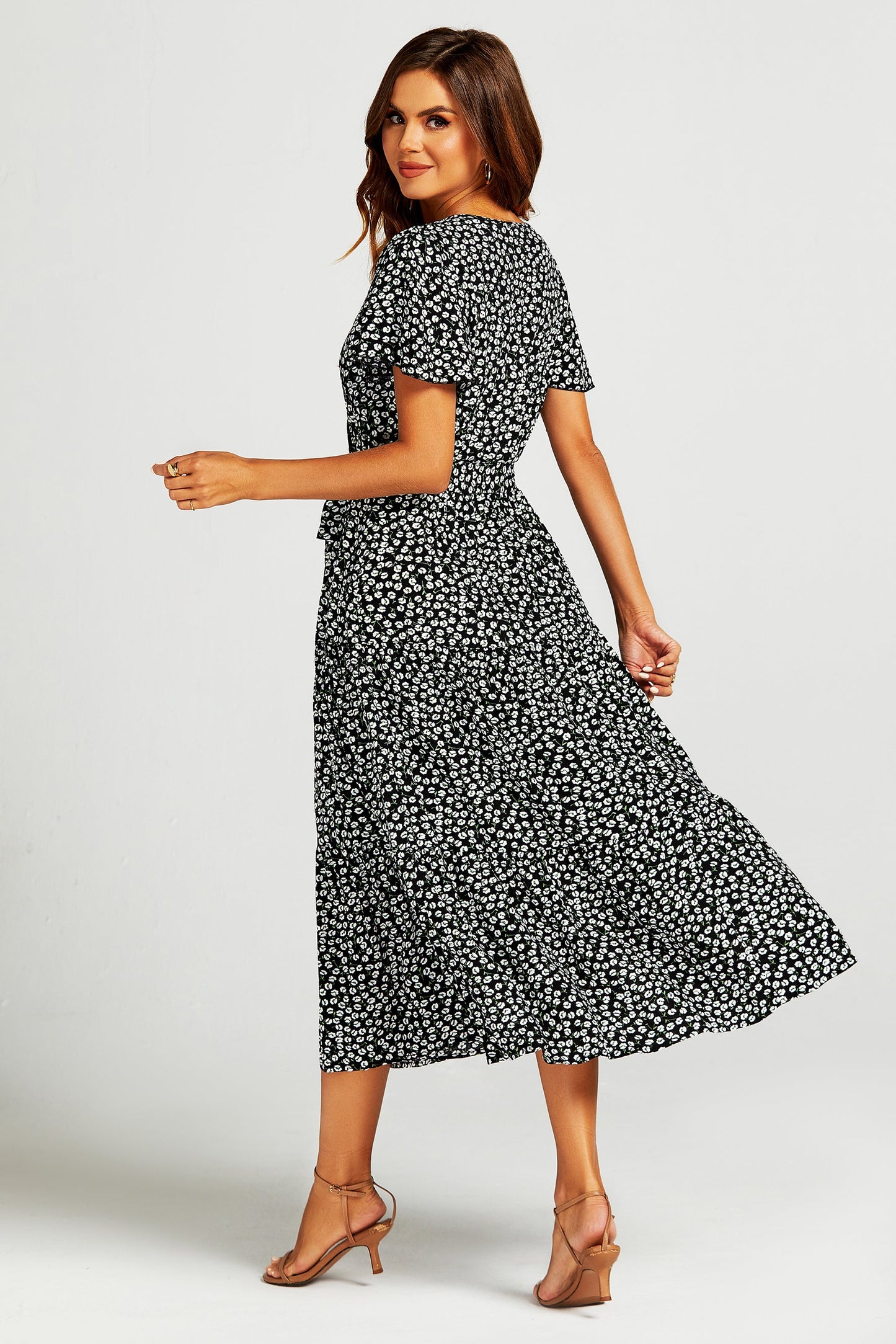 Printed Hem Tiered Wrap Neckline Midi Dress with Split Leg in Black