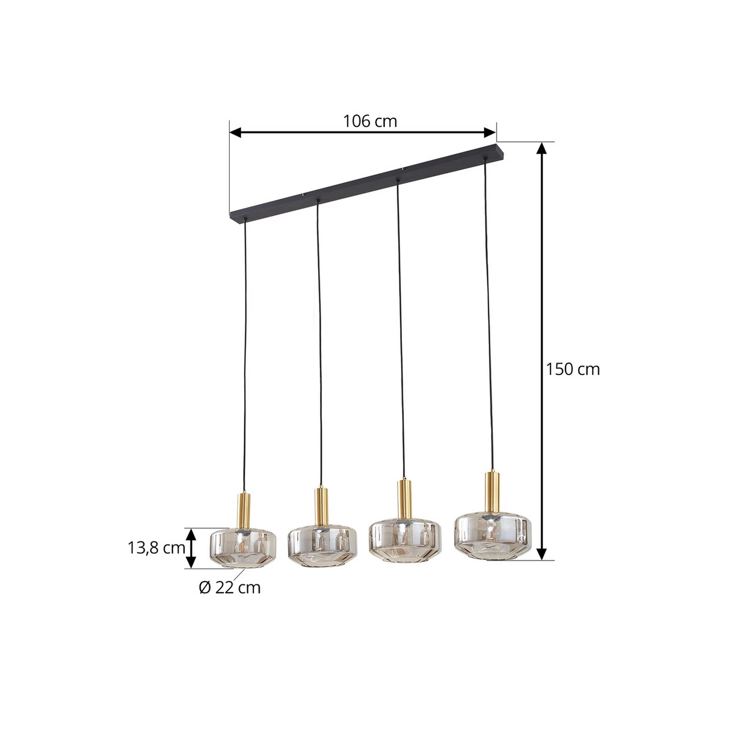 Lindby hengiljós í B-flokki, Hildur, 118 cm, reykgrátt glerloftlampi, S805