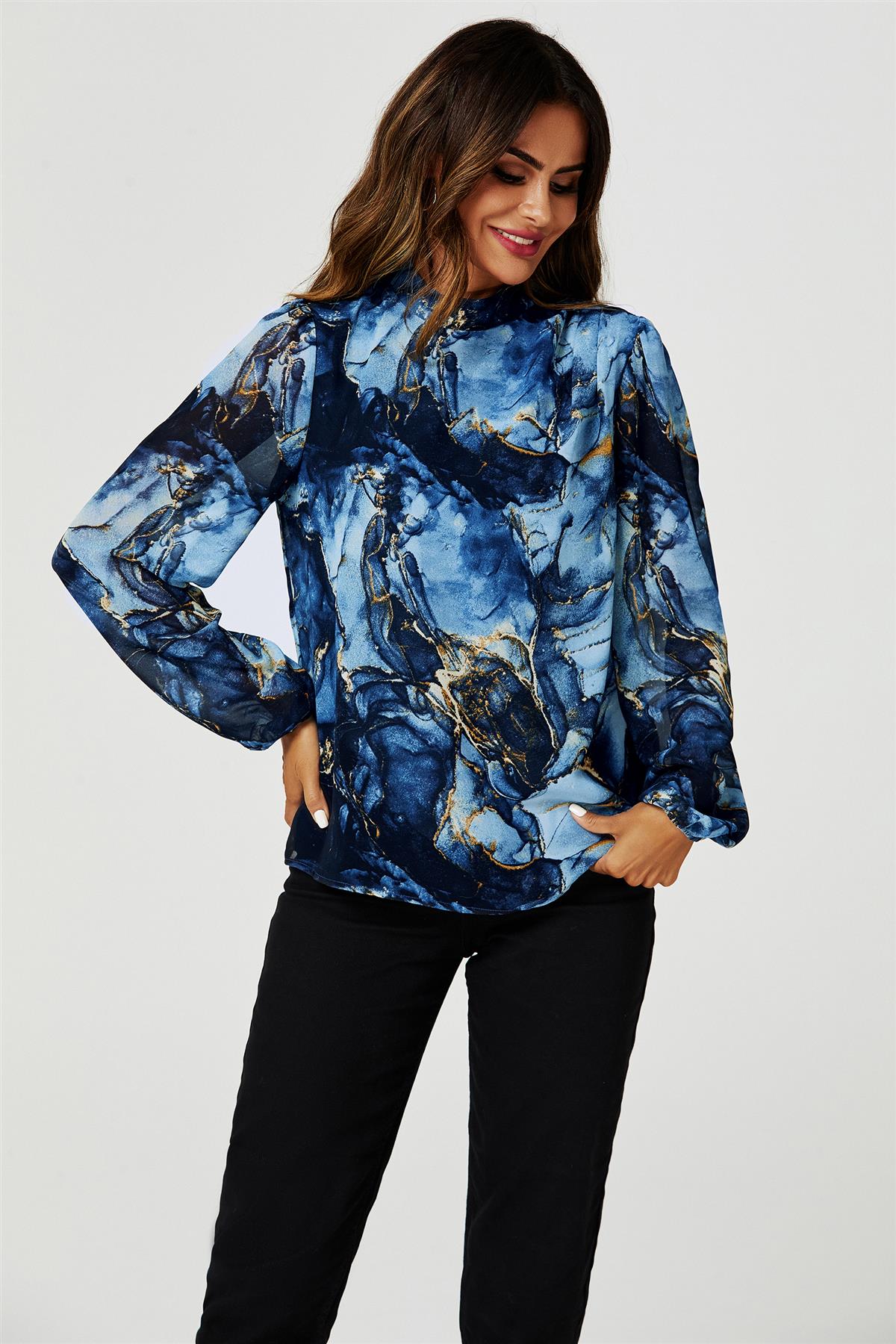 Marble Print Long Sleeve High Neck Top In Navy