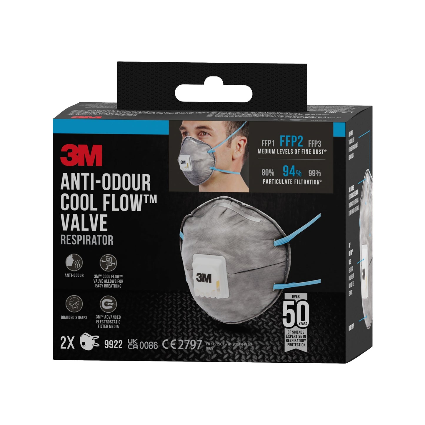 3M™ Cool Flow™ Partikelmaske 9922, FFP2, geruchshemmend, mit Ventil, 2er-Pack  | Packung (1 Stück)