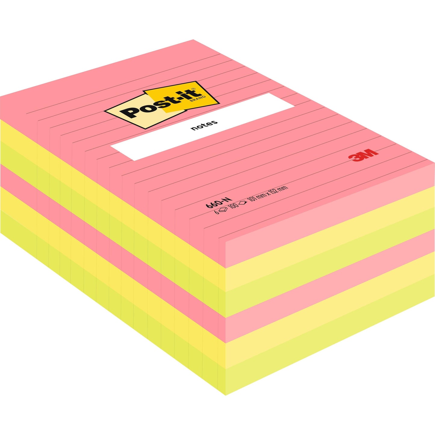 Post-it® Notes im Großformat, Verschiedene Neonfarben, Liniert, 101 mm x 152 mm, 100 Blatt/Block, 6 Blöcke/Packung, 100% PEFC, SGSCH-PEFC-COC-110078  | Packung (1 Set)