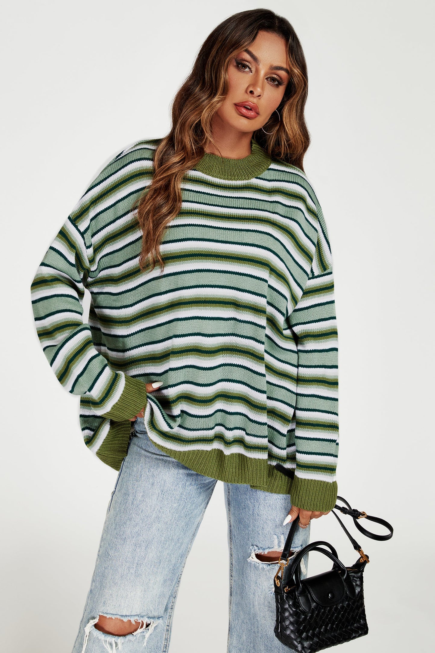 Stripe Block Relaxed Knit Jumper Top in Green
