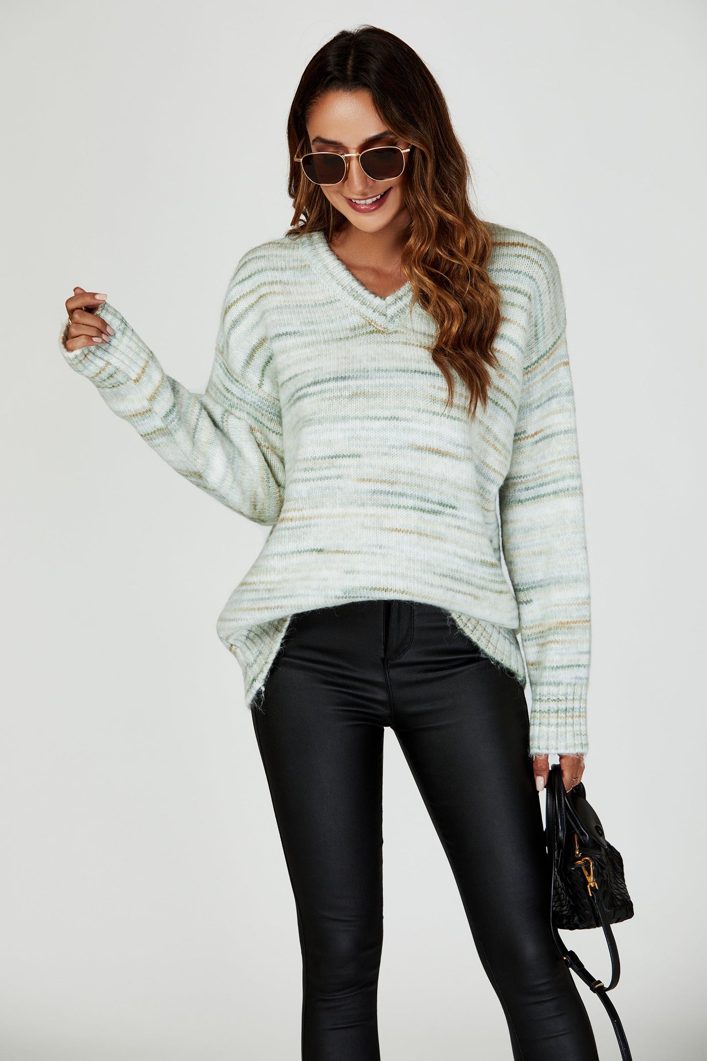 Relaxed Multi Knitted V Neck Jumper in Green and Cream