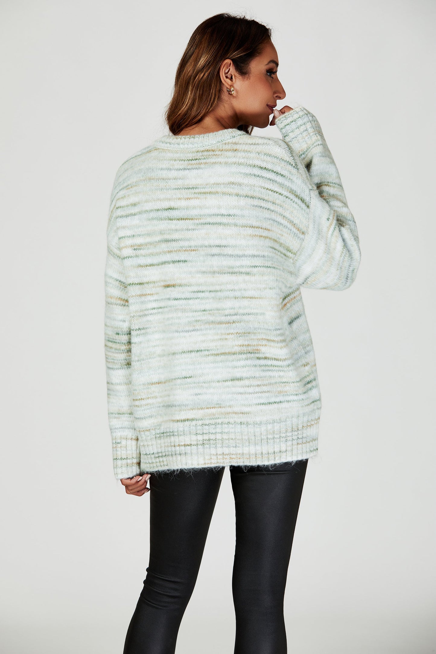 Relaxed Multi Knitted V Neck Jumper in Green and Cream